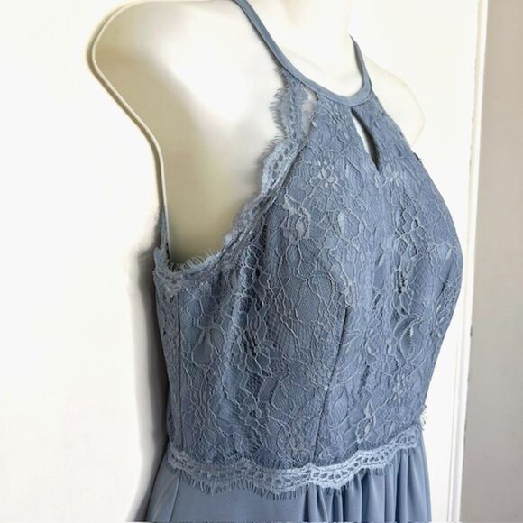 AZAZIE DUSTY BLUE LACE & CHIFFON FORMAL KEYHOLE HALTER TOP BRIDESMAID MOB MOG - Picture 5 of 12